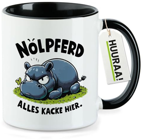 Huuraa Kaffeetasse Nölpferd, alles kacke Nilpferd Geschenk | Motivtasse 330ml Schwarz Keramik Tasse mit Spruch Kaffeebecher Geschenkidee Becher mit Motiv