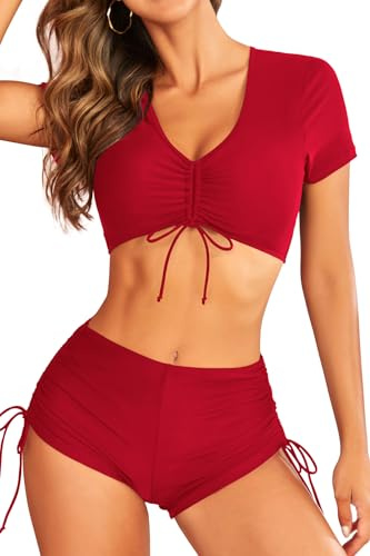 SHEKINI Women's High Waisted Bikini Set V Neck Short Sleeve Padded Drawstring Two Piece Bathing Suit Swimsuit Red, L