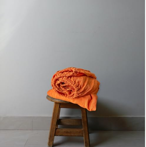 JOWOLLINA Spannbettlaken aus 100% Leinen Stonewashed (90 x 200+30 cm, Orange)
