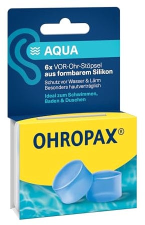 OHROPAX Aqua Ohrstöpsel – Schutz vor Wasser im Ohr beim Schwimmen, Baden oder Duschen – VOR-Ohr-Stöpsel aus formbarem Silikon – für alle Ohren geeignet – Schalldämmwert SNR 23 dB – 6 Stück
