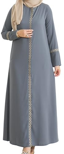 istanbul styles Abaya mit bestickten Ärmeln und seitlichem Reißverschluss, Stickerei, langärmlig, bodenlang, türkische Abaya für Frauen (DE/NL/SE/PL, Alphanumerisch, M, Regular, Regular, Grau)