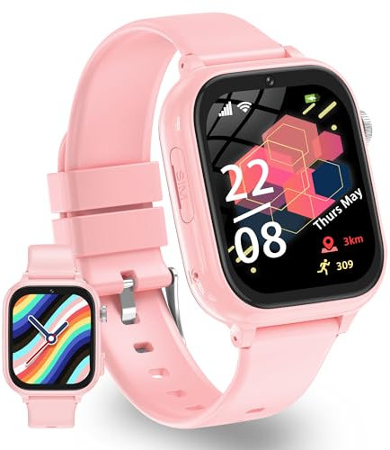 Moikmlih 4G Montre Connectée Enfant, Montre Intelligente Enfants avec GPS, Appel Vidéo, SOS, Whatsapp, WiFi, Réveil, Mode Sport, Mode École, IP68 Étanche Smartwatch Enfant Noël Cadeaux 5-14 Ans-Rose