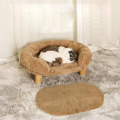 YPDOPORA Erhöhtes Haustierbett, Katzen-/Hundehockerbett Mit Stabilen Holzbeinen, Haustierstuhl, Plüsch-Haustierbett Für Kleine Hundekätzchen, Linderung Und Verbesserten Schlaf,Braun,S