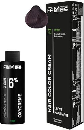 Femmas Set de tinte de pelo rubio oscuro caoba 6,5 I Hair Color Cream 100 ml + crema de óxido 100 ml 6% I coloración permanente del cabello + desarrollador I Suave y duradero I Tinte de pelo de salón