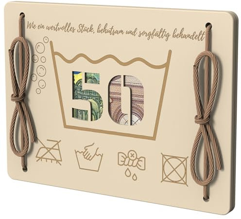 Holzkarte Geldgeschenk 50. Geburtstag | Schonend behandeln 50. Geburtstag | Gravur Motiv – Kreatives Geldgeschenk für Männer & Frauen, Jubiläum, Hochzeit, Geburtstag (50 Jahre – Waschsymbol)