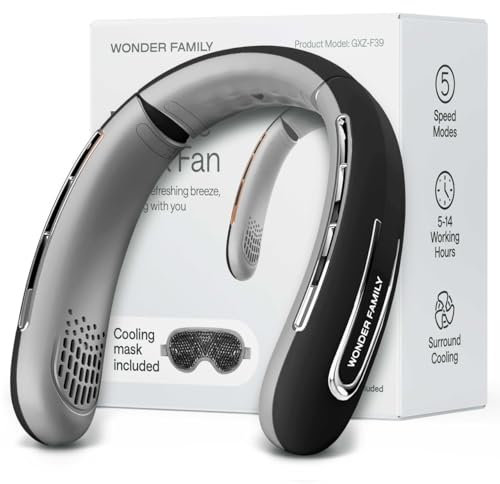 Personal Neck Fan – Rechargeable 4000 mAH – Portable Fan Necklace for Travel, Gym, Office – Wearable Air Conditioner – Unique Gifts for Men & Women – Neck Cooling Wrap Plus Eye Mask & Cleaning Brush