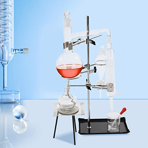 15Pcs Distillation Apparatus Set Glass Steam Distillation Apparatus Kit 500ML Distilling Set with Flask Essential Oil Extraction Maker, Organic Chemistry Lab Glassware Equipment.