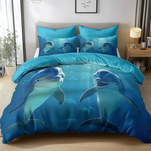 Bettwäsche-Sets 155x220cm Ozean Delphin Blau Bettwäsche 3 Teilig, Weich Atmungsaktiv Polyester-Baumwolle Bettbezug Set mit Reißverschluss, 2 Kissenbezüge 80x80 cm