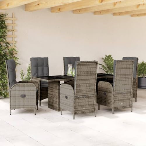 IKAYAA Rattan Essgruppe für 6 Personen,Gartenmöbel Essgruppe mit Tisch und 6 Verstellbare Hochlehner Stühlen, Gartenmöbel Set, Garten Sitzgruppe, Sitzgarnitur mit Auflagen Gartengarnitur Grau