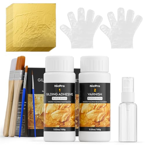 Nicpro Juego de adhesivos dorados Gold Leaf de 100 ml, pegamento y barniz a | Hojas doradas de 100 piezas, 4 pinceles, 4 guantes, botella de spray de 30 ml para arte, pintura, manualidades