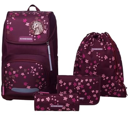 Schneiders Ergoplus Schultasche Set Berry Blossom (8-teilig) – Wandelbare Mädchen-Schultasche mit LED, ergonomisch & nachhaltig, superleicht (950g), 22L, rosa/pink, inkl. Zubehör & Heftbox
