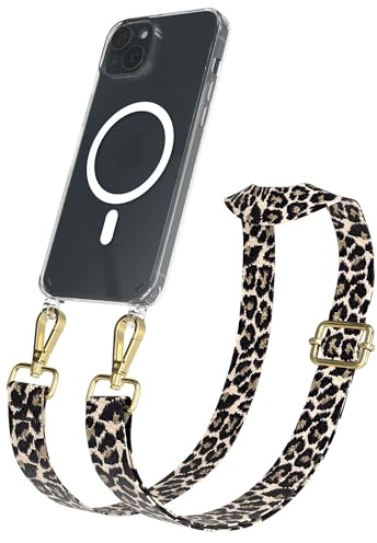 EAZY CASE Handykette - Verstellbares Taschenband kompatibel mit iPhone 15 Plus, Schulterriemen, Handykordel mit Silikon Hülle, Qi Charging kompatibel, Umhängetasche, Leo - Schwarz Beige Gold