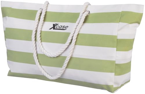 Xcase Badetasche: Wasserabweisende Strandtasche mit seitlicher Tasche, grün/weiß (Modische Sommer-Tasche, Canvas-Strandtasche, Schwimm)