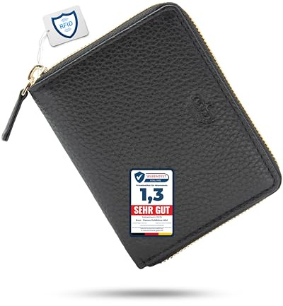 Baur – Kleine Damen Geldbörse aus Leder (Gold Reißverschluss, Schwarz) | Kleines Portemonnaie, RFID-Schutz, 6 Kartenfächer, goldener Rundumreißverschluss aus Metall, geprägtes Rindsleder
