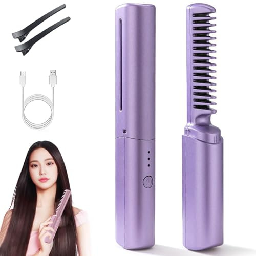 2026 Upgraded Ceramic Hairdressing Comb, Mini Keramik Glättbürste, Negativ Ionen 3-in-1 Lockenstab und Glätteisen, Haarglätterbürste mit 3 Einstellbaren Temperaturen für Haarstyling (Lila)