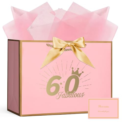 AOOSU Birthday Gift Bag, 32*22*10cm 60th Birthday Party Gifts Bag with Greeting Handles and 3 Wrappers and 1 Cards, Luxury Paper Bags with Handles for Girls Womens Wedding Party Christmas Valentines