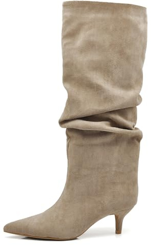 IF Stivali alti donna scamosciato con tacco basso a spillo gattina KITTEN HEELS arricciato elegante e confortevole A9811 Apricot N.40