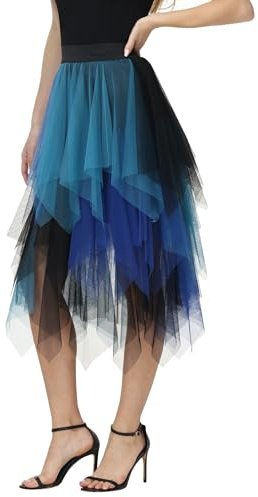 Damen Tüll Röcke Asymmetrisch Tüllröck A-Linie Midi Rock Puffy Fee Röcke Elegant Weich Knielang Layered Tutu Rock