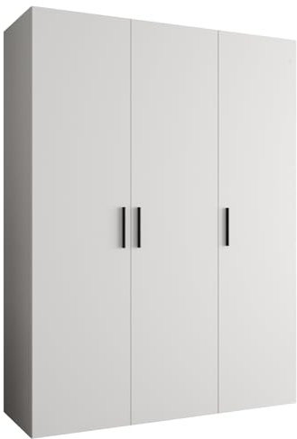 MEBLE KRYSPOL - Kleiderschrank - Garderobenschrank - 150 cm x 202 x 52 cm - Schrank mit Kleiderstange, 3 Türen - für Schlafzimmer, Flur - BARI, Weiß, Griff Schwarz