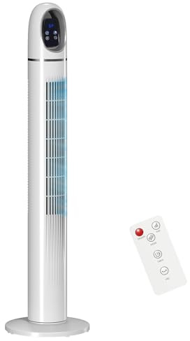 HOMCOM Tower Fan for Bedroom, 44 inch, 5.7 m/s Powerful Velocity, Standing Floor Fan with 70° Oscillating, 3 Modes, 3 Speeds, 24 Hour Timer, LED Display and Remote Control, White