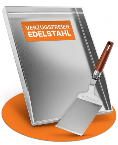 AMZBBQ® Plancha Set – Gasgrill Grillplatte 40 × 30 cm – Edelstahl ca. 5mm | 20 % stärker als herkömmliche Grillplatten: hohe Hitzespeicherung und verzugsfrei – geschlossene Plancha – Spachtel inklusive