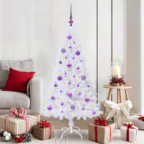 Teenpull Albero di Natale Artificiale Bianco 150cm in PVC e Acciaio Durevole con 680 Punte, 150 LED Viola, 8 Modalità Lampeggiante, Alimentato USB, Include Supporto e Catena Luminosa LED per Soggiorno