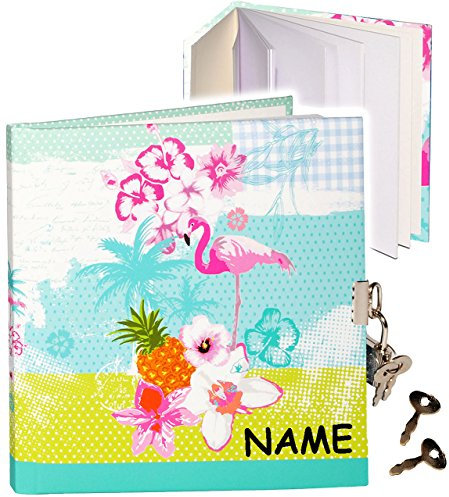 alles-meine.de GmbH Notizbuch/Tagebuch/Poesiealbum - mit Schloss - Flamingo & Hibiskus Blume - Hawaii - incl. Name - 2 Schlüssel - abschließbar - Dickes Buch gebunden - 9..