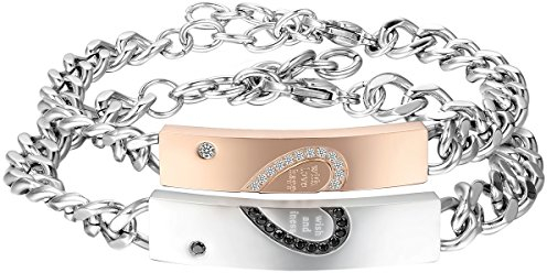 Cupimatch 2pcs Pärchen Armbänder, Edelstahl Herz Lieben Panzerkette Armreif mit Cubic Zirkonia Gravur with wish love and happiness für verliebte Damen Herren, rosegold silber