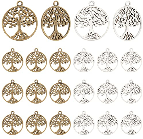 PH PandaHall 60pz 25mm Ciondolo Albero della Vita Stile Tibetano per Gioielli in Lega Albero della Vita Connettore Bomboniera Matrimonio Bracciali Orecchini Fai da Te,Bronzo Antico/Argento Antico