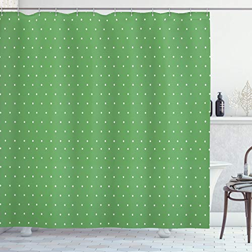 ABAKUHAUS Polka Dot Duschvorhang, 60s Retro Vintage Dots, Stoffliches Gewebe Badezimmerdekorationsset mit Haken, 175 x 200 cm, Grün und Weiß