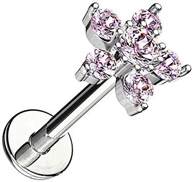 Piersando Piercing Stecker Innengewinde Edelstahl mit Kristall Blume Lippe Labret Lippenpiercing Monroe Ohrpiercing Knorpel Ohr 6mm Silber Rosa