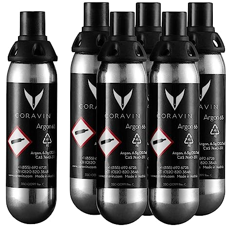 Coravin - Gaz Argon Capsules en Acier Inoxydable - à Utiliser avec Les Systèmes et Dispositifs de Préservation du Vin Une Capsule Conserve Jusqu’à 15 Verres, Pack de 6