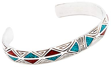 Indianerschmuck Armreif Türkis Koralle Chip Inlay Navajo Style Westernschmuck 925 Sterling Silber Indianerarmreif