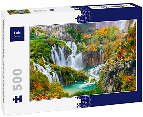 Lais Puzzle Detaillierte Ansicht der wunderschönen Wasserfälle bei Sonnenschein im Nationalpark Plitvice, Kroatien 500 Teile
