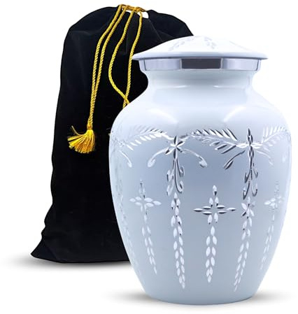 Aluminium Cremation Urn for Human Ashes Adult - Handcrafted Funeral Memorial Ash Storage - Affordable (5 x 5 x 7.5 - 100 lbs, Matte White) With Bag