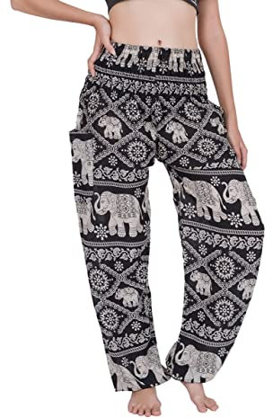 CHAINUPON Harem Trousers Women Boho Loose Yoga Pants Casual Bohemian Hippie Lounge Elephant Pyjamas Bottoms (L-XL, Black Elephant)