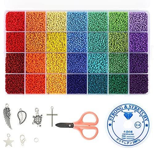 Naler 28000-teilig Rocailles Perlen 2 mm Glasperlen Rund Beads mit Charms Anhängern und Schmuckfaden zum Basteln, 28 Farben