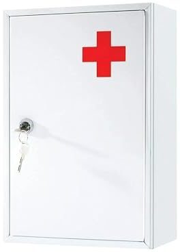 First Aid Medical Cabinet Safe Storage Box with Lock & Key - Use at Home, Bathroom, Office, School, Lab Medication Kit | Wall Mounted With Fixings Included | Lockable, Child Proof & Comes With 2 Keys