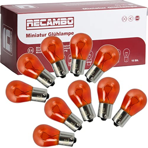 RECAMBO LIMA Kfz-Glühlampe BAU15S | 12 V | 21 W | 10er-Set | PY21W | Lichtfarbe gelb | Für Blinker vorne und hinten | Pins versetzt | E-Prüfzeichen