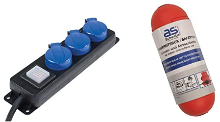 as - Schwabe 3-fach Verteilersteckdosenleiste mit Schalter, 1,5m Leitung, für den Außenbereich 230V, 16A, IP44, Schwarz, 38603 & Sicherheitsbox – Sicherheit für Schuko, Stecker und Buchse, Rot I 48707