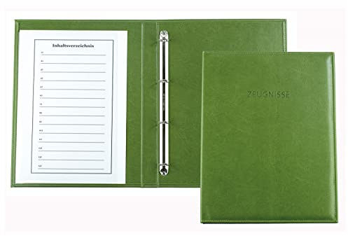 DELMON VARONE - Premium Zeugnismappe DIN A4 aus veganem Eco Kunstleder Grün - handgefertigte Dokumenten-Mappe für Urkunden, Akten & Zeugnis - Ringbuch-Ordner für Dokumente & Unterlagen