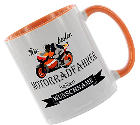 Crealuxe Kaffeetasse - Die besten Motorradfahrer heißen (Wunschname) -Spruchtasse, Bürotasse, bedruckte Keramiktasse, Tasse mit Spruch, Hochwertige Kaffeetasse (Orange)