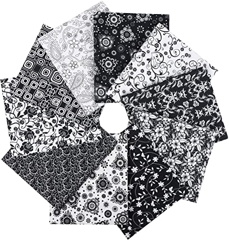 Craftido -24 Optionen- 100% Baumwolle Quiltingstoff Bündel 10pcs Fat Quarters 18x21 (46x53cm) -Mittleres Gewicht 5.2oz- für Quilting, Nähen Projekt, Patchwork, DIY Handwerk - Black & White Flower