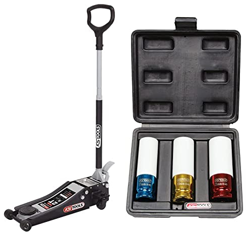 KS Tools 161.0367 - Cris Extra Plat - Cric Hydraulique Extra Bas en Acier - Cric Rouleur avec 2 Roues Directionnelles - Argent et Noir & Jeu de 3 Douilles à Chocs pour Jantes Aluminium, 17, 19, 21 mm