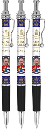 Elgate 3X King Charles III Coronation Wavy Clip pen Commemorative Memorabilia Souvenirs Black Retractable Ballpen Gift Set