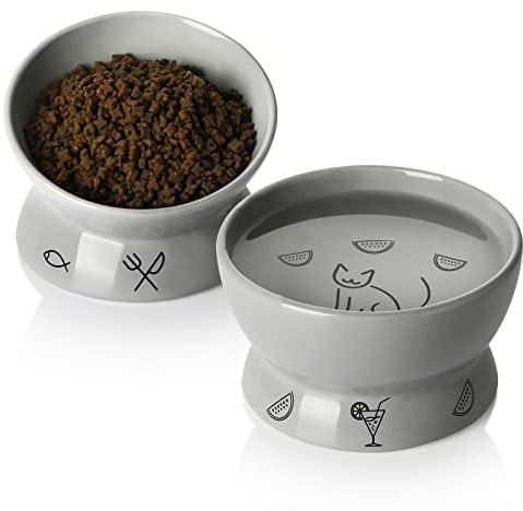 Sweejar Home Raised Cat Bowls Set, Tilted Food Bowl and Deep Water Bowl, Stress Free Elevated Cat Food Bowls, Protect Cat's Spine, Ceramic Pet Bowl Collection for Cats and Small Dogs, Set of 2 (Gray)