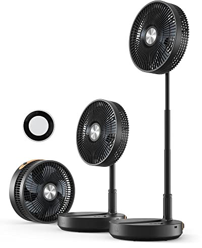 Koonie Portable Fan, 10 Inch Foldable Stand/Desk Fan up to 50 Hours 4 Speed Remote Control Battery or USB Powered Cordless Height Adjustable Super Quiet Fan for Home, Camping, Fishing, Travel, Black