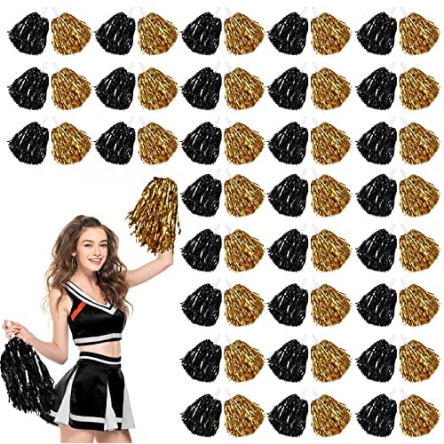 60 Stück Cheerleading-Pompons, Cheer-Poms, lustige Pompons, Metallfolie, Pompons, Cheerleading-Pompons mit Kunststoffgriffen für Cheering Squad Team Spirited Sports Dance Kids Girls (Gold, Schwarz)