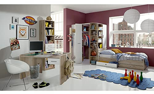 Lomadox Teenager und Jugend Zimmer komplett Set mit Eckkleiderschrank inkl. Beleuchtung, Schreibtisch Set in Eiche Nb. mit weiß