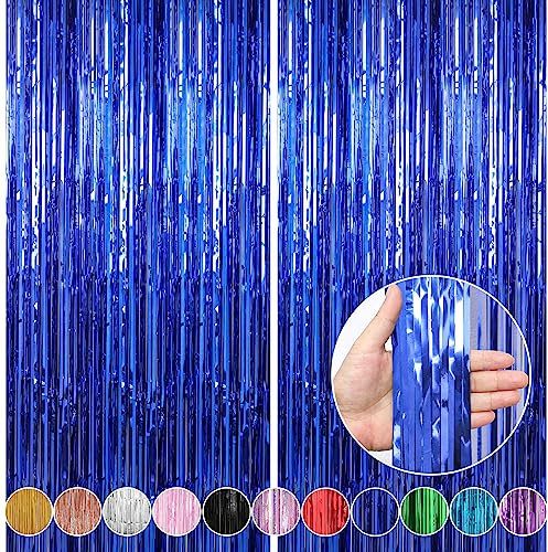 Crosize 2 Pack 3.3 x 9.9 ft Dark Blue Foil Fringe Curtains Party Decorations, Blue Tinsel Curtain Backdrop for Parties, Door Streamers, Glitter Streamer Fringe Backdrop for Birthday Decoration